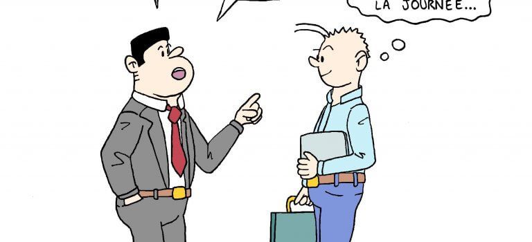 Illustration et satire - Le patron raconte sa vie à ses salariés