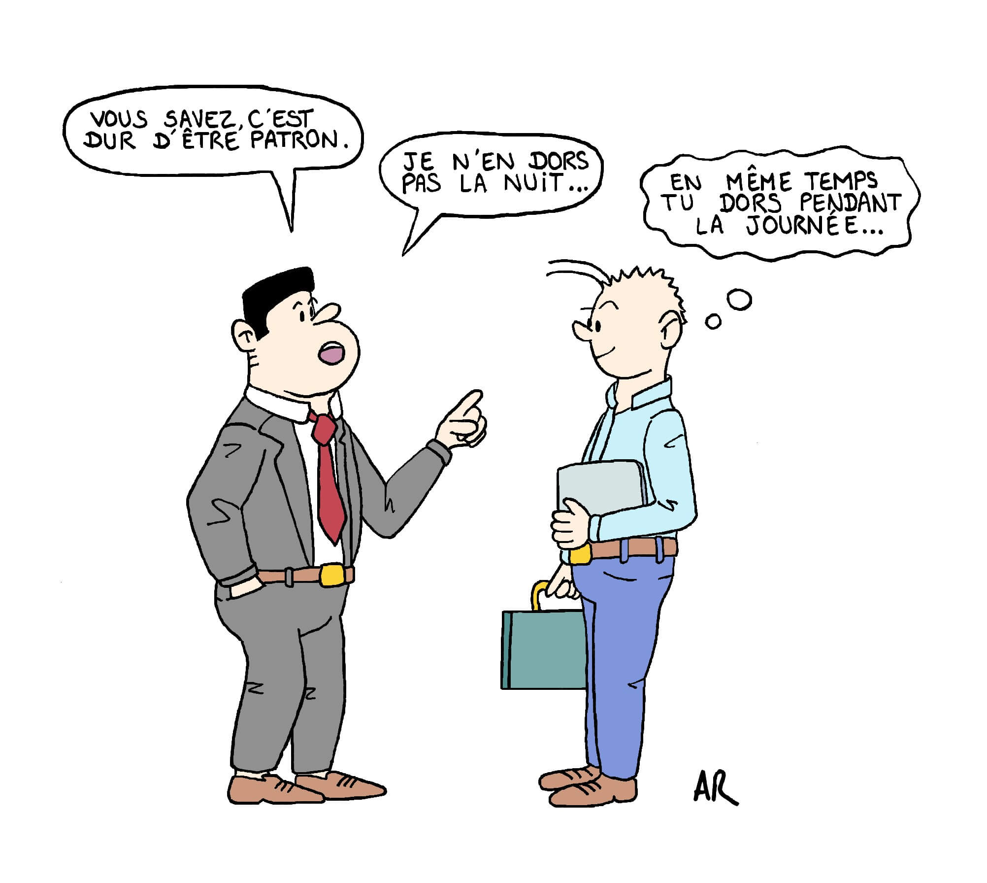 Illustration et satire - Le patron raconte sa vie à ses salariés