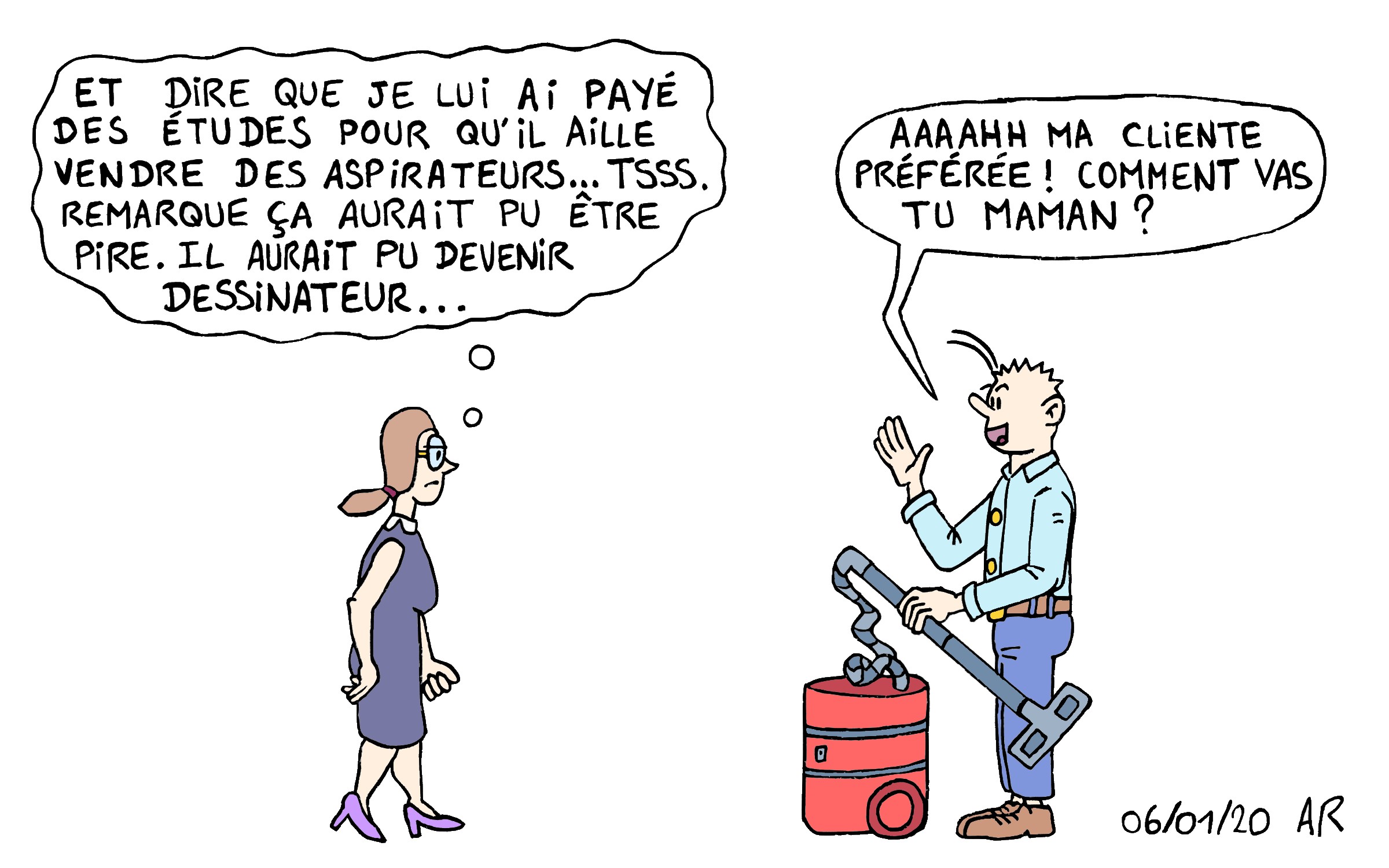 Image drôle sur le commercial vend un aspirateur à sa mère