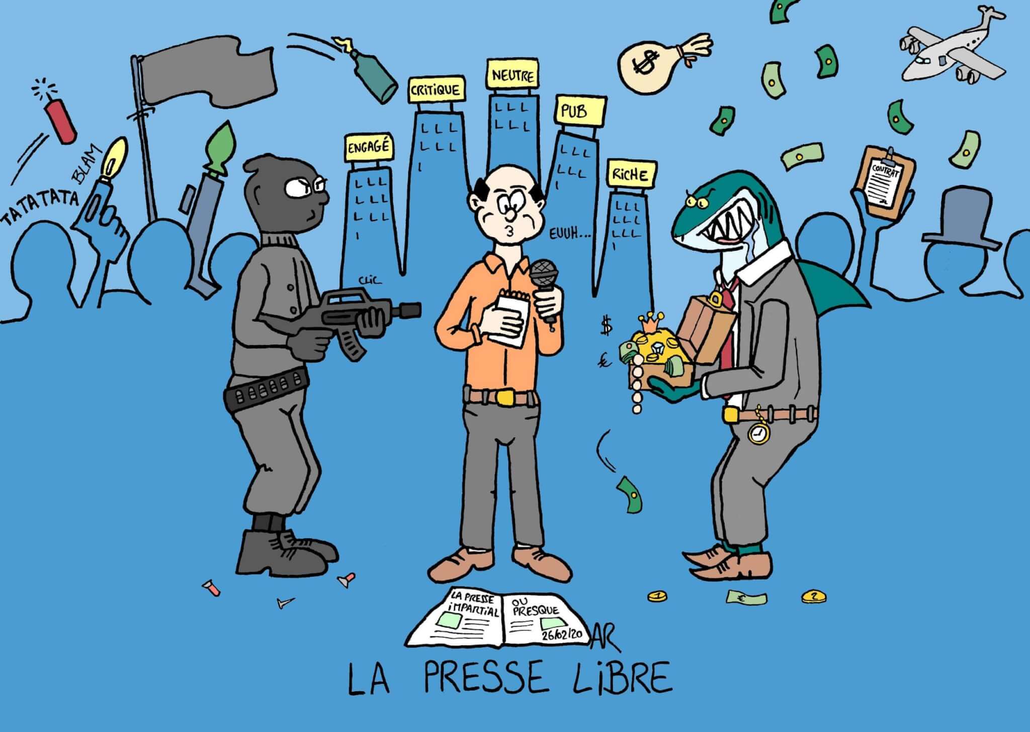 Satire humoristique de la presse entre argent et menace